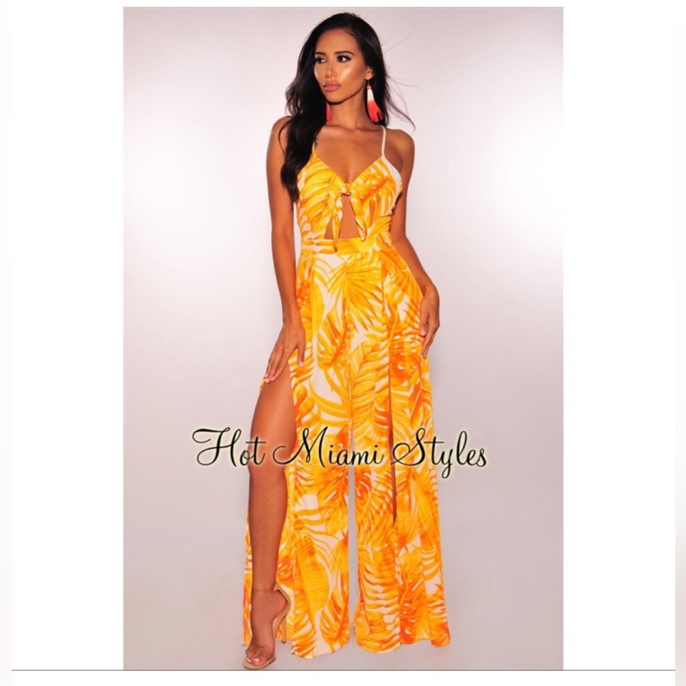 Tangerine Palm Print padded slit palazzo jumpsuit size L
